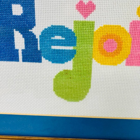 Rejoice Cross Stitch Framed Needlepoint Vintage Wall Decor 17x11 Rainbow 80s - Picture 4 of 9